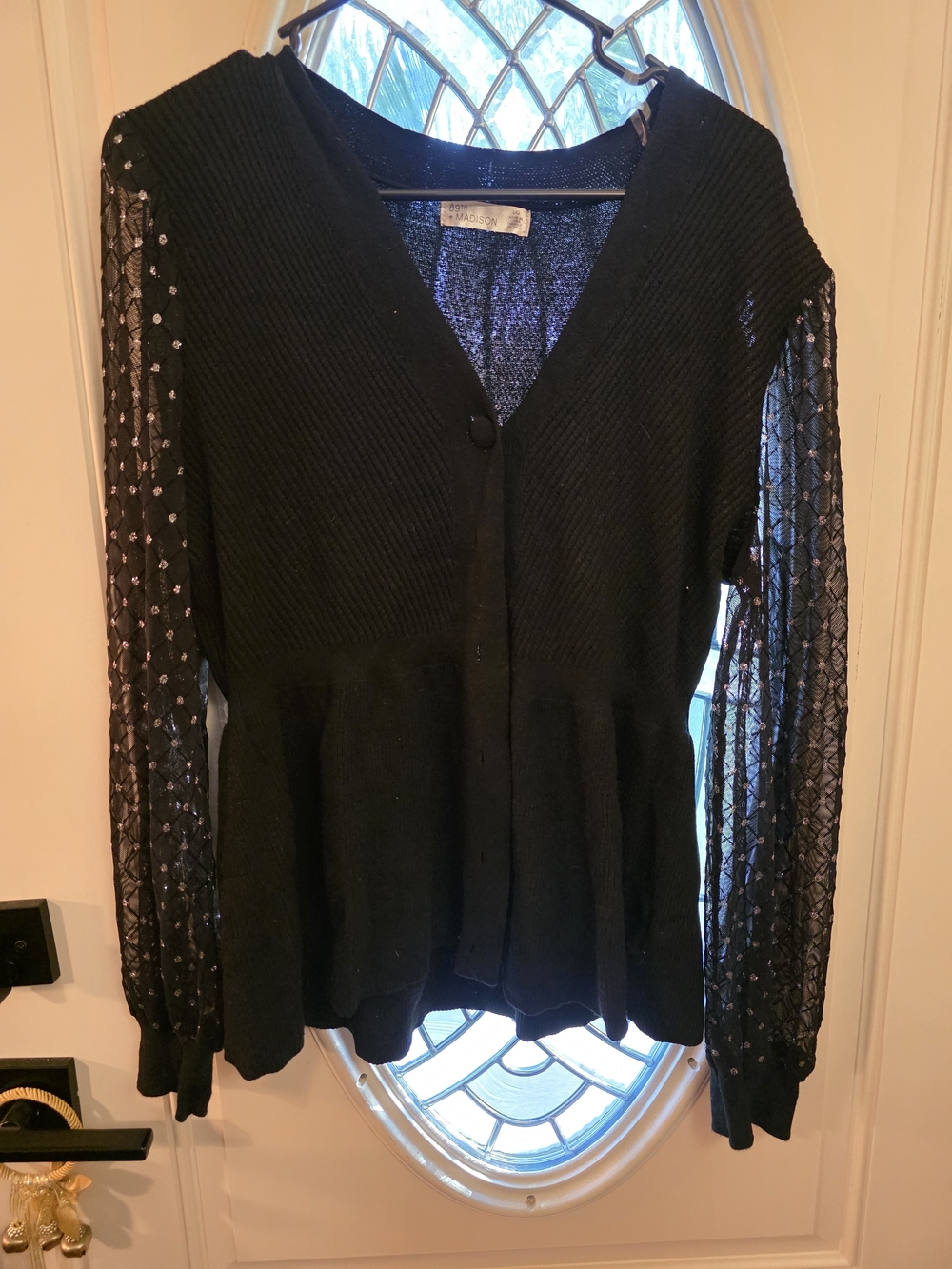 Madison Black V-Neck Peplum Cardigan with Lace Sleeves